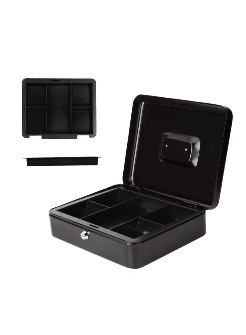 Bluejw Large Cash Box Steel Register With Tray And Lock Durable Portable Money Box Safe For Bills Jewelry Receipts Coins Black - Image 2