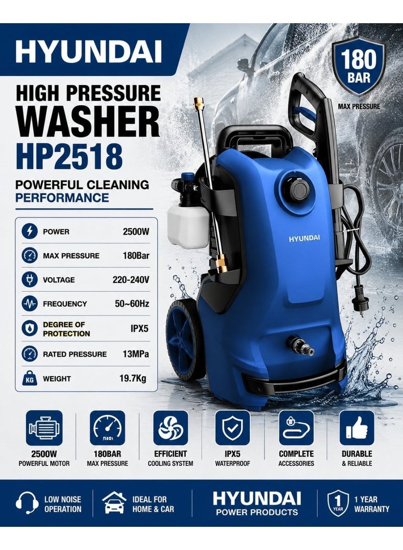هيونداي جهاز غسيل بالضغط العالي هيونداي HP-2518 بقدرة 2500 واط وضغط 180 بار (2610 PSI) ومحرك قوي IPX5 للاستخدام الاحترافي والتنظيف الثقيل - Image 2