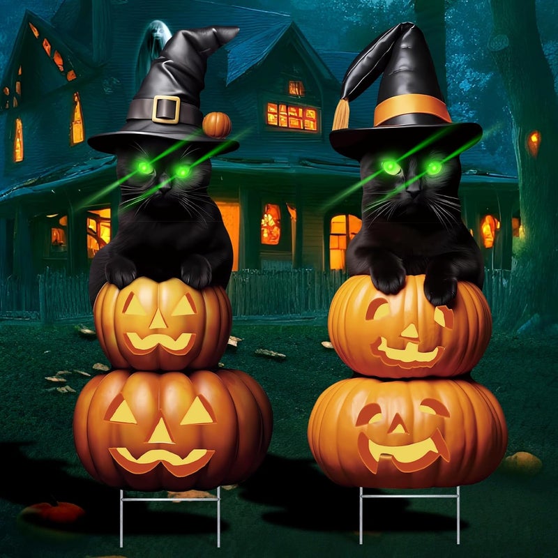 sewrung 2Pcs 4.0FT Black Cat Halloween Decorations Outdoor- Plastic Yard Signs With Stakes, Spooky Pumpkin Outdoor Decor, Scary Silhouette With Glow in Dark Eyes for Yard, Lawn, Garden - Image 1