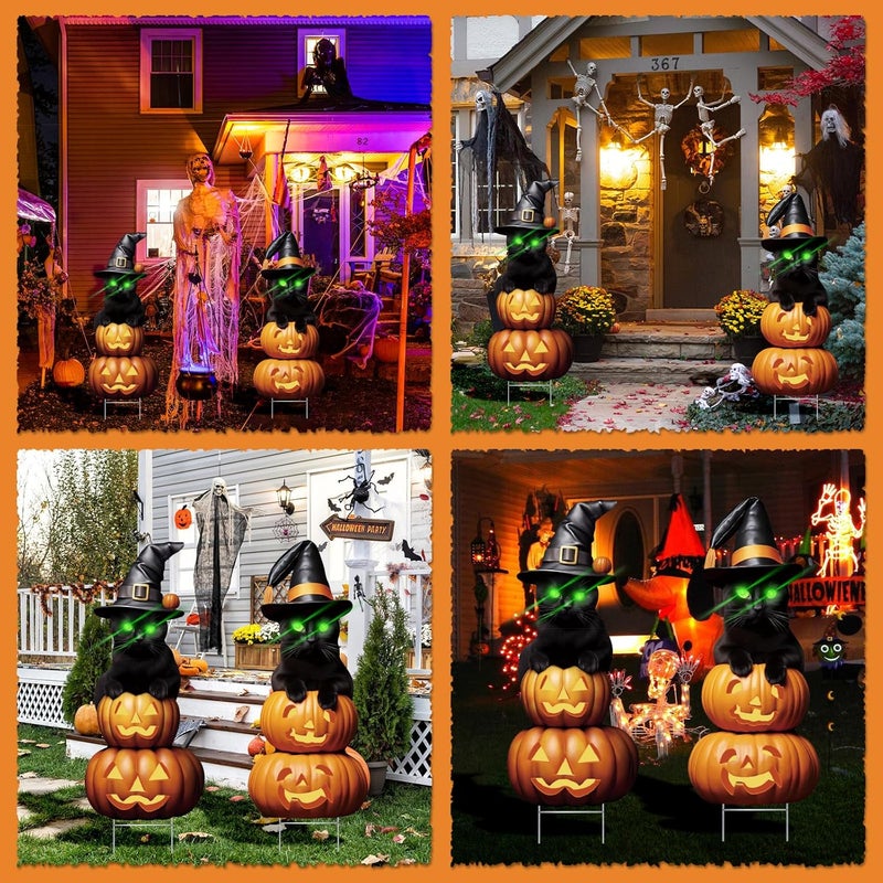sewrung 2Pcs 4.0FT Black Cat Halloween Decorations Outdoor- Plastic Yard Signs With Stakes, Spooky Pumpkin Outdoor Decor, Scary Silhouette With Glow in Dark Eyes for Yard, Lawn, Garden - Image 3