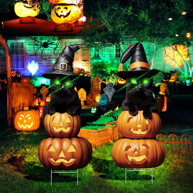 sewrung 2Pcs 4.0FT Black Cat Halloween Decorations Outdoor- Plastic Yard Signs With Stakes, Spooky Pumpkin Outdoor Decor, Scary Silhouette With Glow in Dark Eyes for Yard, Lawn, Garden - Image 2