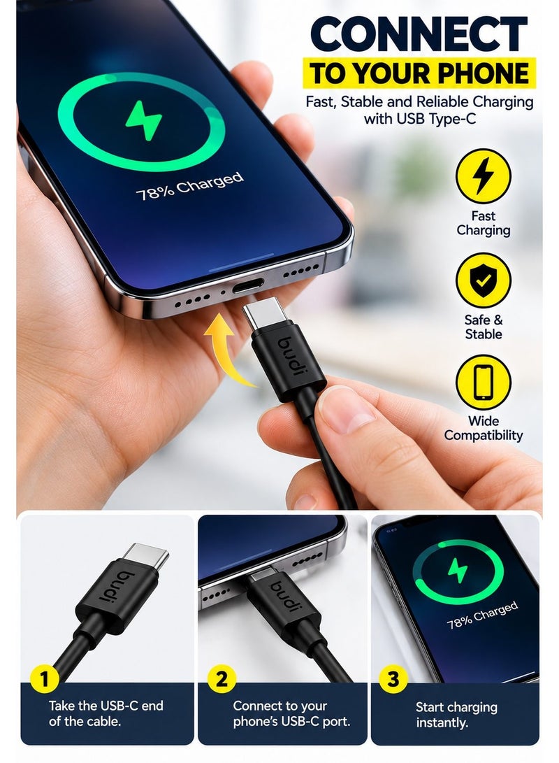 Budi DC023TT12B 65W Fast Charging Cable, 1.2M Braided Type-C Cable with Zinc Alloy Connectors, PD Fast Charge and Data Sync Charging Cable - Black - Image 5