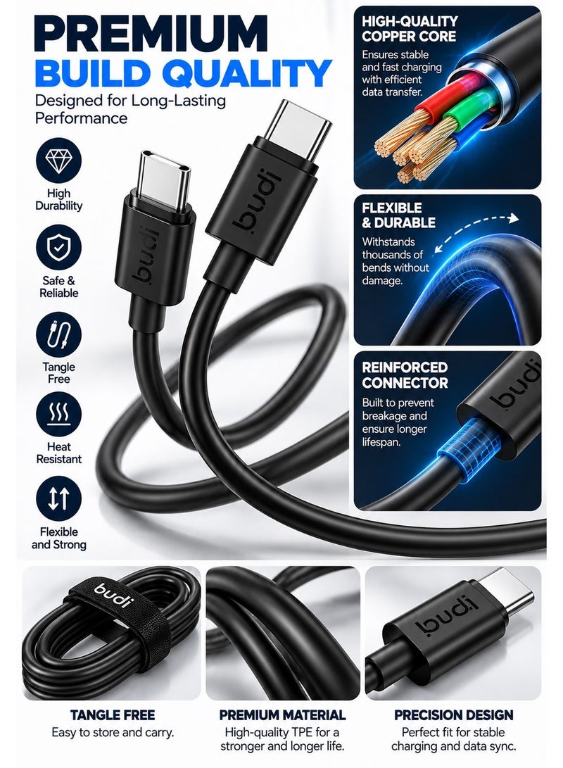 Budi DC023TT12B 65W Fast Charging Cable, 1.2M Braided Type-C Cable with Zinc Alloy Connectors, PD Fast Charge and Data Sync Charging Cable - Black - Image 4