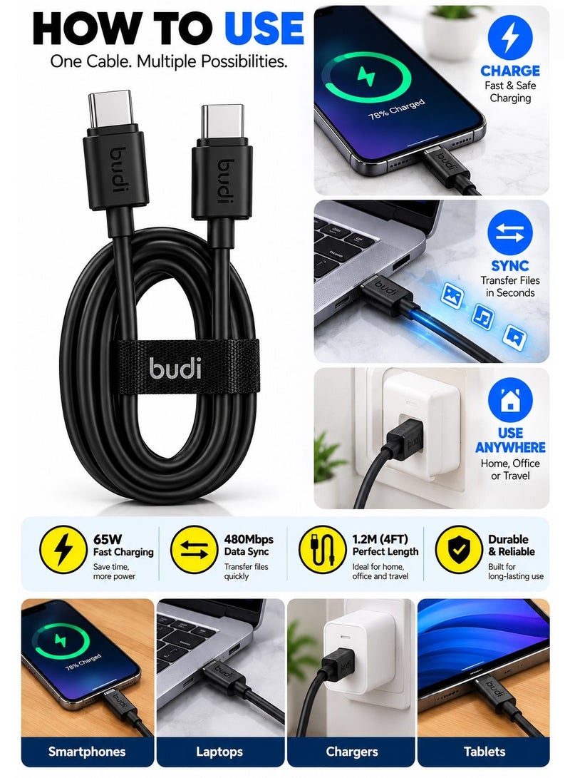 Budi DC023TT12B 65W Fast Charging Cable, 1.2M Braided Type-C Cable with Zinc Alloy Connectors, PD Fast Charge and Data Sync Charging Cable - Black - Image 2