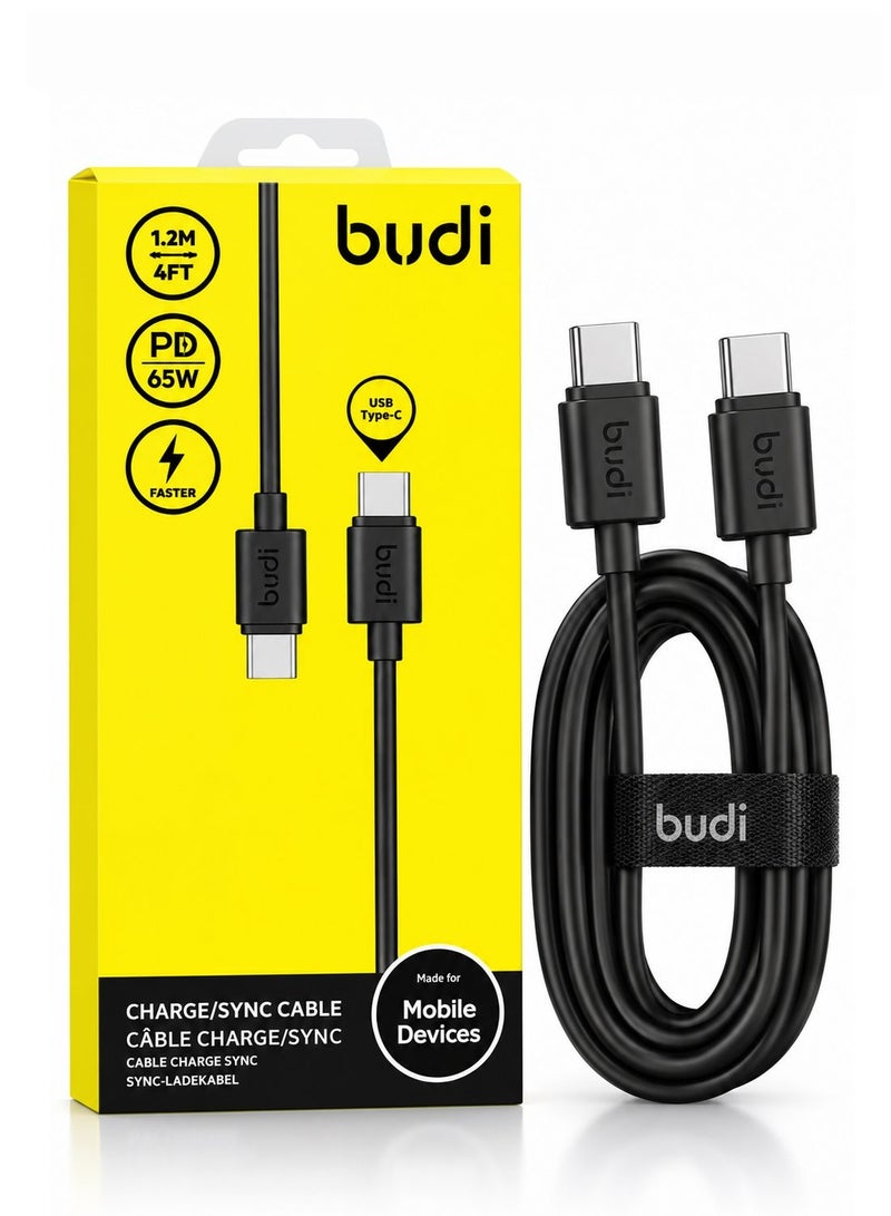 Budi DC023TT12B 65W Fast Charging Cable, 1.2M Braided Type-C Cable with Zinc Alloy Connectors, PD Fast Charge and Data Sync Charging Cable - Black - Image 1