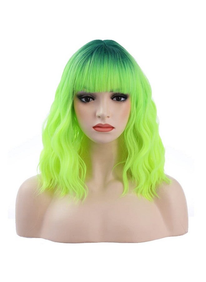 بيرون باروكة شعر مستعار قصير مجعد من بيرون، أخضر نيون، بطول 14 بوصة، مع غرة، وشعر مستعار أخضر ليموني، وشعر مستعار أخضر داكن متدرج، وشعر مستعار صناعي للنساء والفتيات، مع غطاء شعر مستعار - Image 2