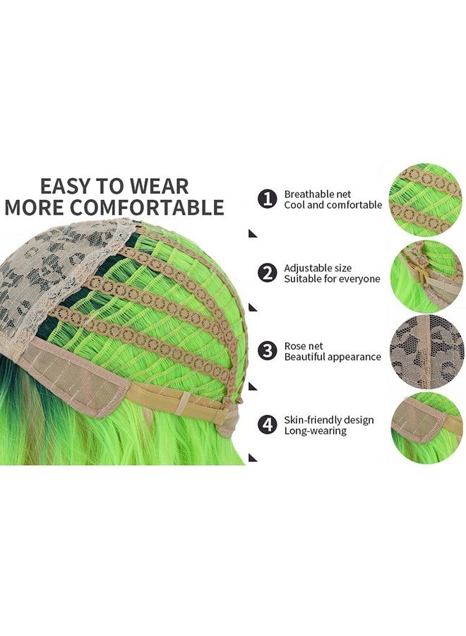 بيرون باروكة شعر مستعار قصير مجعد من بيرون، أخضر نيون، بطول 14 بوصة، مع غرة، وشعر مستعار أخضر ليموني، وشعر مستعار أخضر داكن متدرج، وشعر مستعار صناعي للنساء والفتيات، مع غطاء شعر مستعار - Image 5