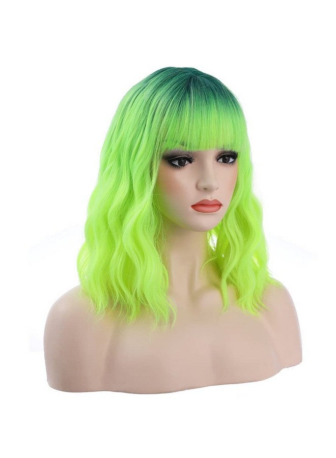 بيرون باروكة شعر مستعار قصير مجعد من بيرون، أخضر نيون، بطول 14 بوصة، مع غرة، وشعر مستعار أخضر ليموني، وشعر مستعار أخضر داكن متدرج، وشعر مستعار صناعي للنساء والفتيات، مع غطاء شعر مستعار - Image 3