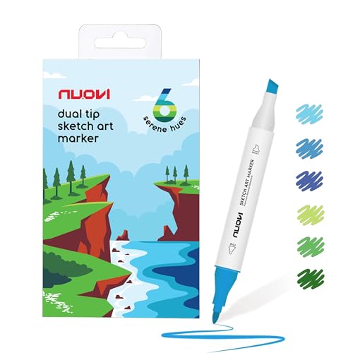 NUOVI Serene Hue Sketch Art Markers 6 Shades | Super Blendable Alcohol Based Ink, Smudge Free Colors | Dual Tip Fine & Chisel Tip Markers for Drawing, Colouring & Sketching - Image 1