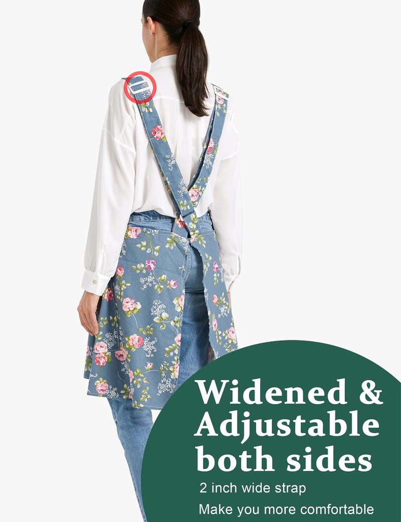 APRONNER Cozy Adjustable Cross Back Aprons for Women with Pockets Cotton Linen Cooking Kitchen Baking Rose Flower - Image 3
