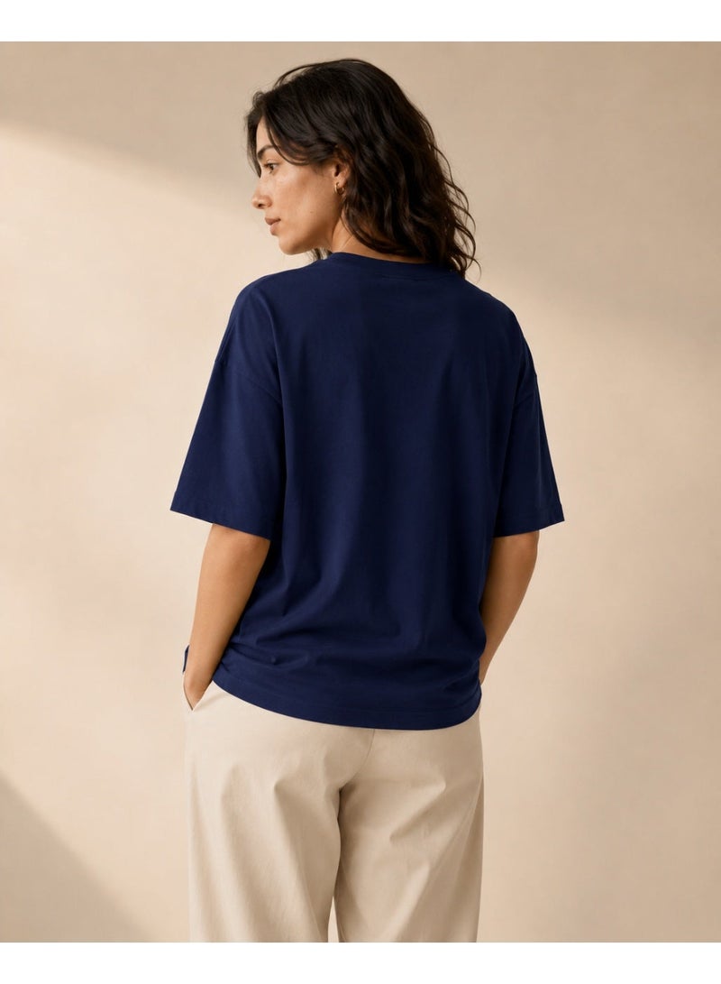 asBERYL Oversized T-Shirt 220 GSM Drop Shoulder Unisex Crew Neck Tee, Navy Blue - Image 3