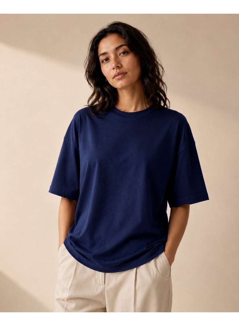 asBERYL Oversized T-Shirt 220 GSM Drop Shoulder Unisex Crew Neck Tee, Navy Blue - Image 4