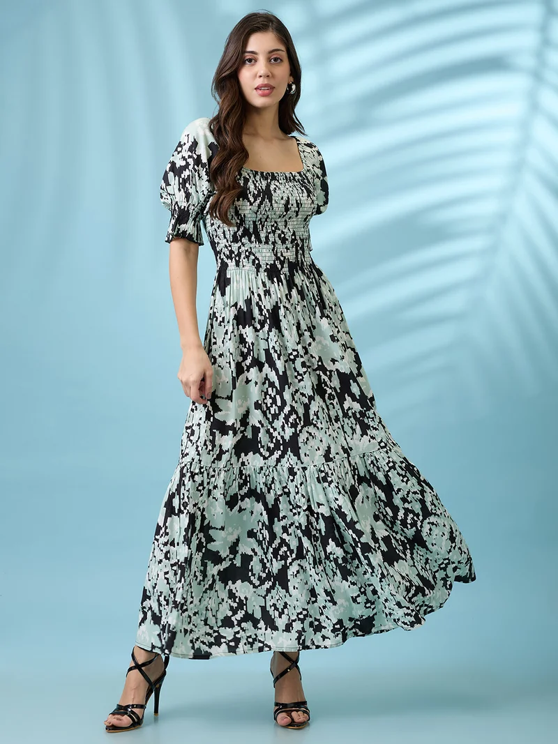 Women Black Abstract Printed Square Neck Puff Sleeves Smocked Tiered Fit & Flare Maxi Dress
