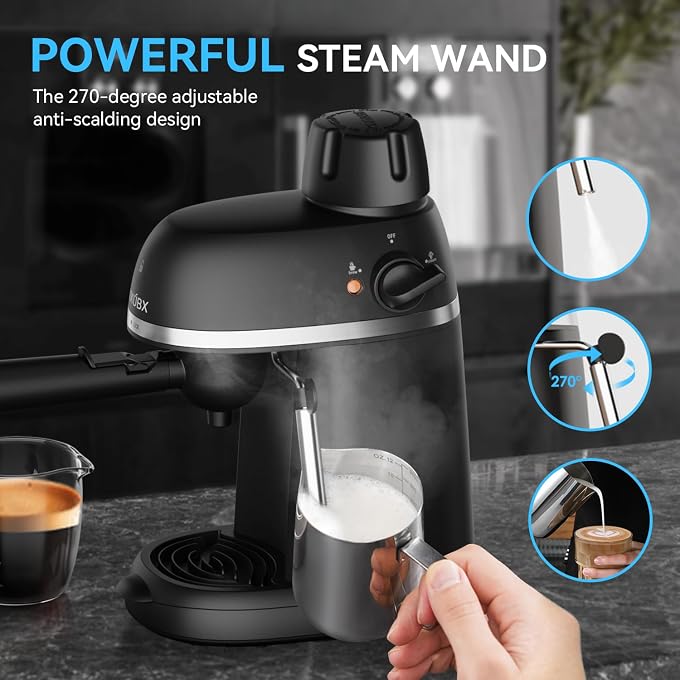 XIXUBX Compact Espresso & Cappuccino Machine, 3.5 Bar with Steam Wand | 800W Fast Heating, Safety Lock & Tritan Cup, One-Touch 4-Cup Brewing & Powerful Steam for Latte, Black for Home & Office - Image 3