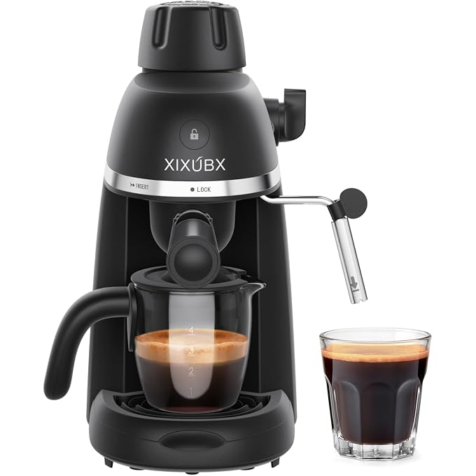 XIXUBX Compact Espresso & Cappuccino Machine, 3.5 Bar with Steam Wand | 800W Fast Heating, Safety Lock & Tritan Cup, One-Touch 4-Cup Brewing & Powerful Steam for Latte, Black for Home & Office - Image 1