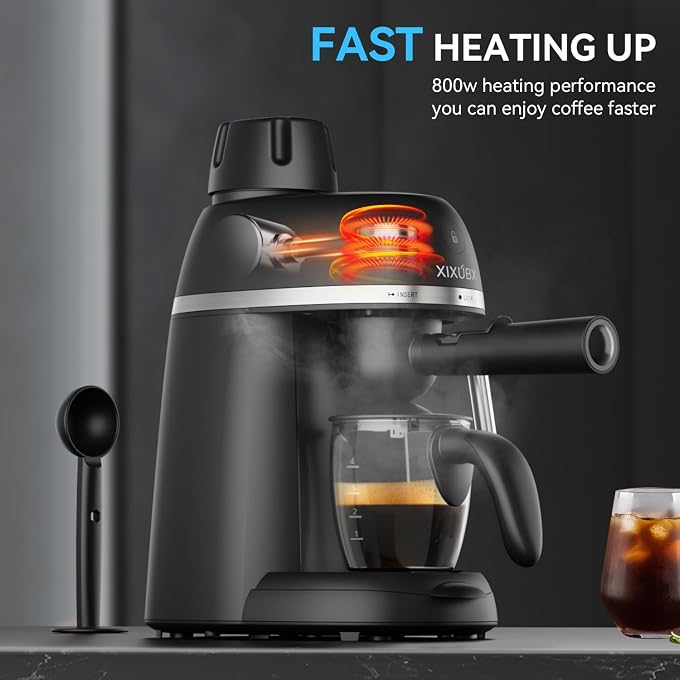 XIXUBX Compact Espresso & Cappuccino Machine, 3.5 Bar with Steam Wand | 800W Fast Heating, Safety Lock & Tritan Cup, One-Touch 4-Cup Brewing & Powerful Steam for Latte, Black for Home & Office - Image 2