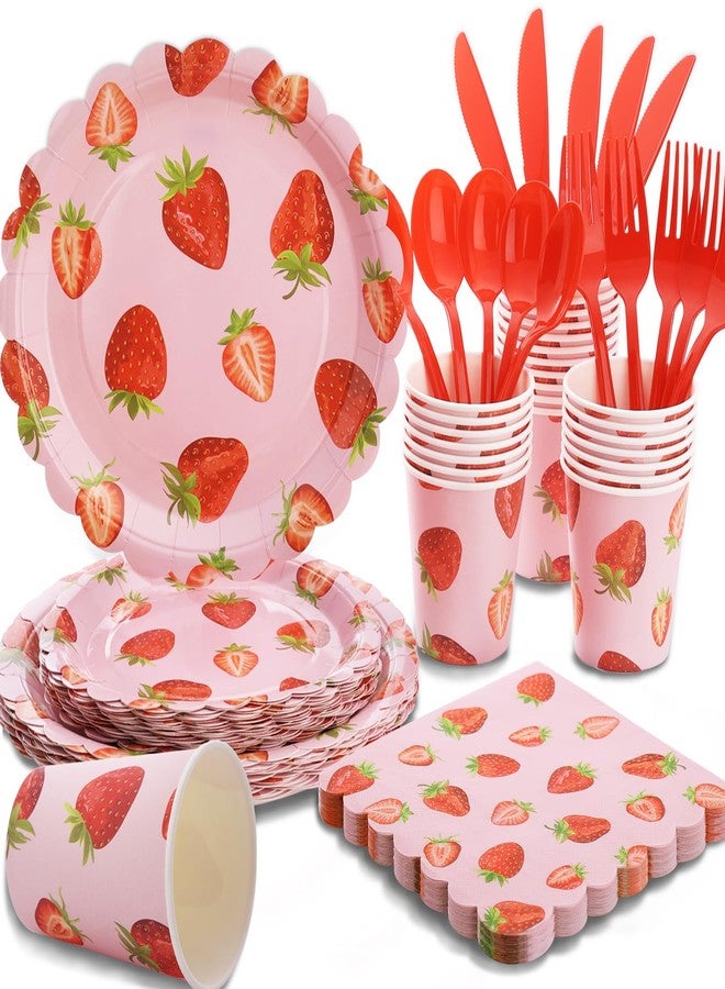 LOOWVY 175Pcs Strawberry Plates and Napkins Party Supplies, Disposable Strawberry Paper Plates for Kids Girls Berry First Birthday Party Decorations, Serves 25 Guests - Image 1
