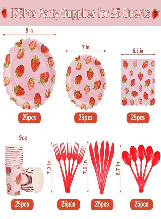 LOOWVY 175Pcs Strawberry Plates and Napkins Party Supplies, Disposable Strawberry Paper Plates for Kids Girls Berry First Birthday Party Decorations, Serves 25 Guests - Image 2