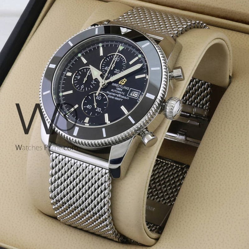 Breitling Chronograph Black Watch for Men with Silver Mesh Stainless steel Belt 1147
