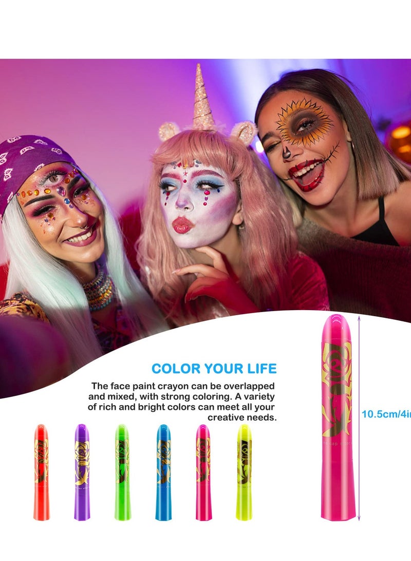 Glow in The Dark Face Paint Crayons Set, Non-Toxic UV Body Painting Kit for Parties, 6 Vibrant Colors for Fun Makeup - Image 3