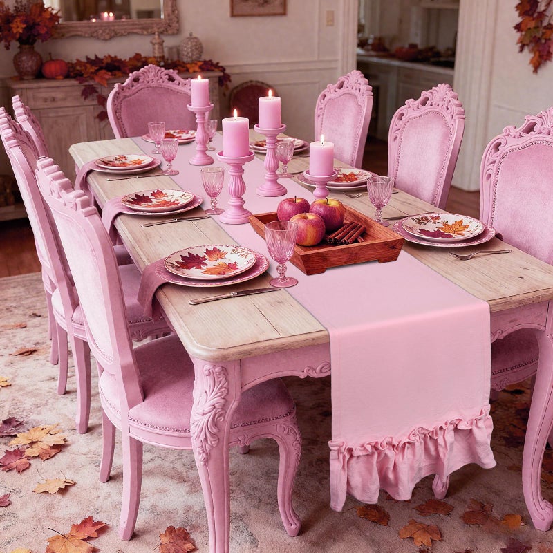 yuboo Pastel Pink Table Runner 72 Inches Long - Pink Spring Table Scarf with Ruffle Trim, Rustic Farmhouse Dresser Runners for Bedroom, Dining Tables & Valentine Decor - Image 1