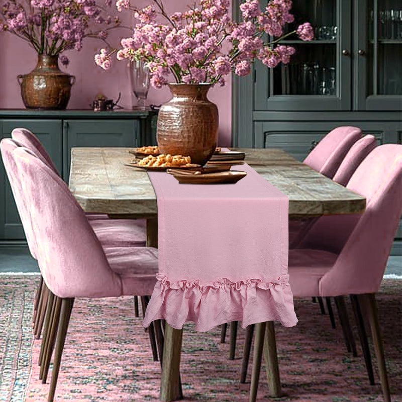 yuboo Pastel Pink Table Runner 72 Inches Long - Pink Spring Table Scarf with Ruffle Trim, Rustic Farmhouse Dresser Runners for Bedroom, Dining Tables & Valentine Decor - Image 4