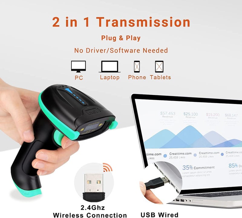 Tera Barcode Scanner Wireless Versatile 2-in-1 (2.4Ghz Wireless+USB 2.0 Wired) with Battery Level Indicator 328 Feet Transmission Distance Rechargeable 1D Laser Bar Code Reader USB Handheld (Blue) - Image 5
