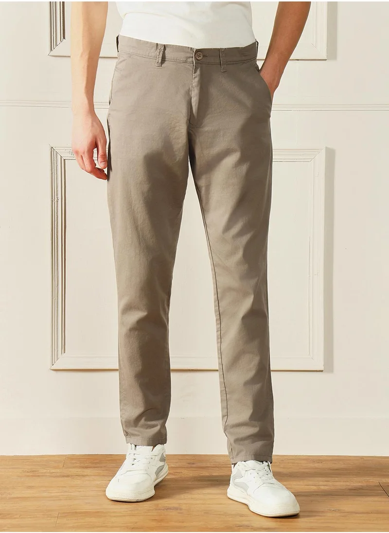 دينيس لينغو Mid Khaki Slim Fit Chinos for Men - 100% Cotton, Full Length, Button & Zip, Mid Rise, Casual,