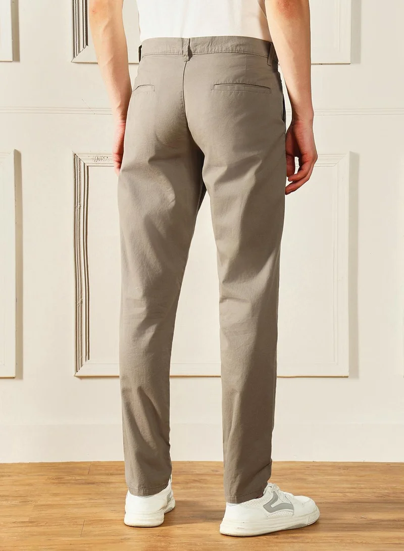 Dennis Lingo Men's Mid Khaki 100% Cotton Solid Pattern Full Length Chinos Slim Fit Trouser