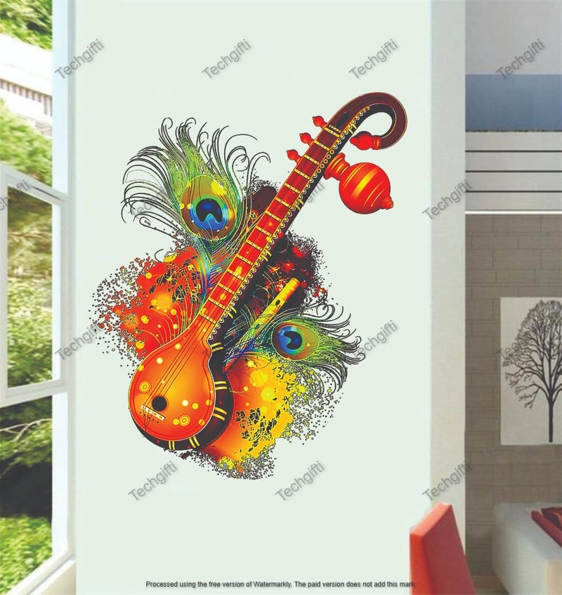 Techgifti Decorative Wall Decal, Colourful Sitar with Peacock Feathers Design, Size - 51 x 41 cm, Musical Instrument Theme Wall Sticker - Image 1