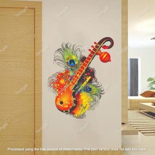 Techgifti Decorative Wall Decal, Colourful Sitar with Peacock Feathers Design, Size - 51 x 41 cm, Musical Instrument Theme Wall Sticker - Image 4