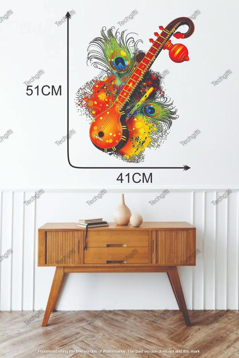 Techgifti Decorative Wall Decal, Colourful Sitar with Peacock Feathers Design, Size - 51 x 41 cm, Musical Instrument Theme Wall Sticker - Image 5