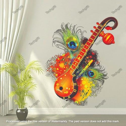 Techgifti Decorative Wall Decal, Colourful Sitar with Peacock Feathers Design, Size - 51 x 41 cm, Musical Instrument Theme Wall Sticker - Image 3