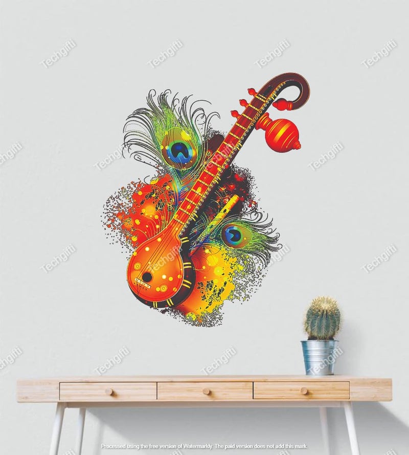 Techgifti Decorative Wall Decal, Colourful Sitar with Peacock Feathers Design, Size - 51 x 41 cm, Musical Instrument Theme Wall Sticker - Image 2