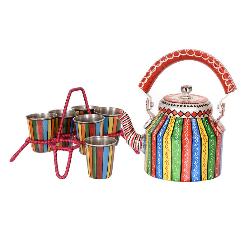 Unique Indian Crafts Multicolor Handpainted Aluminium Kitchen & Dinning Tableware Dinnerware Breakfast & Serving Tea Coffee Kettle Set with 6 Stainless Steel Tea Cups Glass and Stand - Image 1
