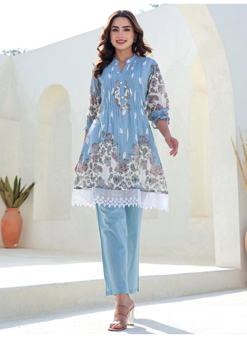 Ameya  Blue-printed-a-line-pure-cotton-kurta-pant-set for Women | Best Price UAE
