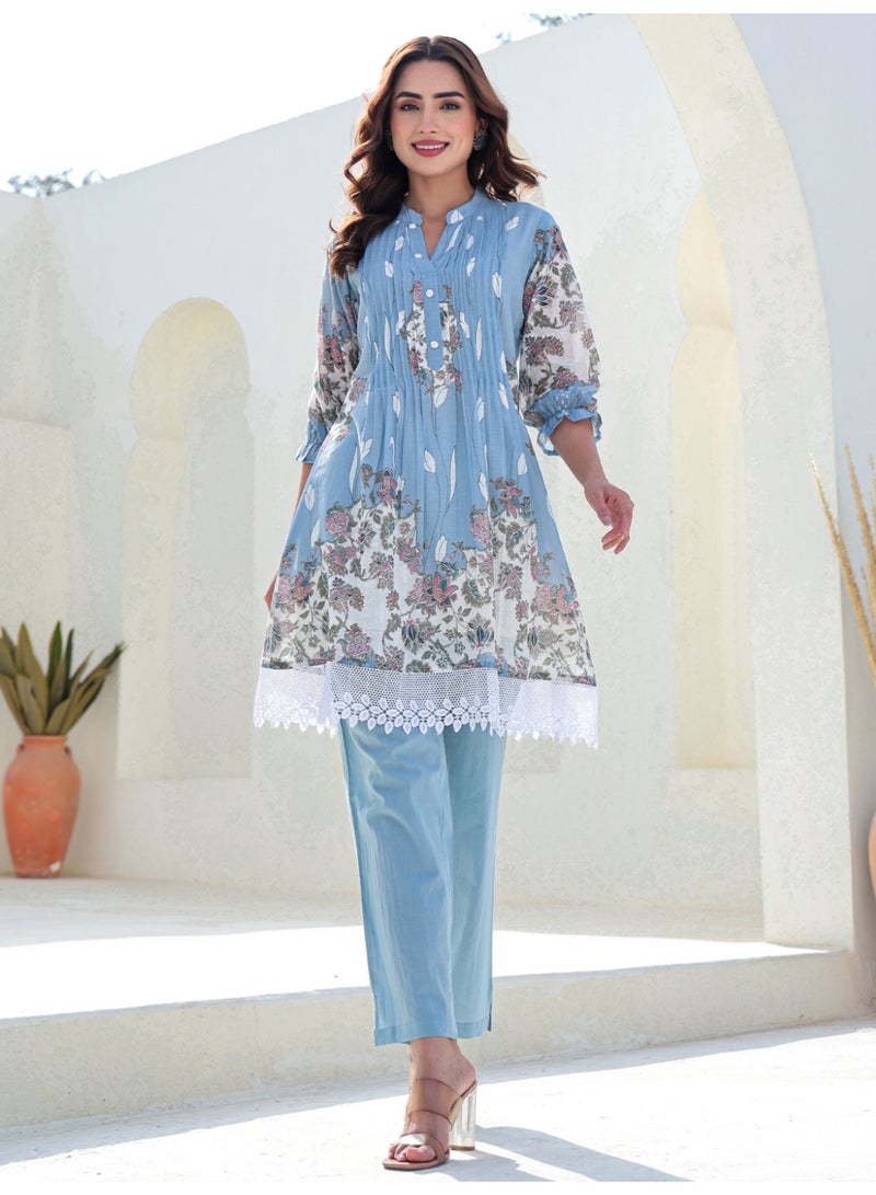Ameya Blue-printed-a-line-pure-cotton-kurta-pant-set - Image 4