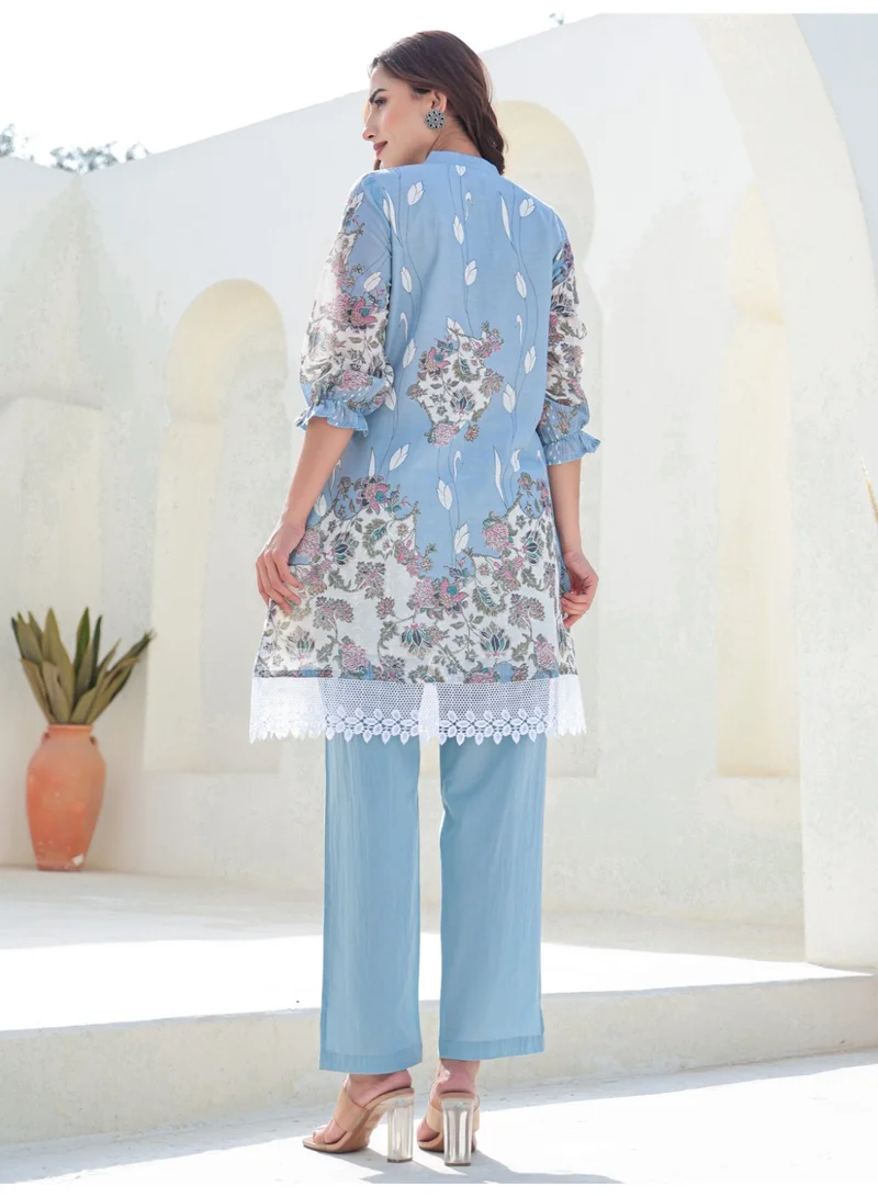 Ameya  Blue-printed-a-line-pure-cotton-kurta-pant-set for Women | Best Price UAE
