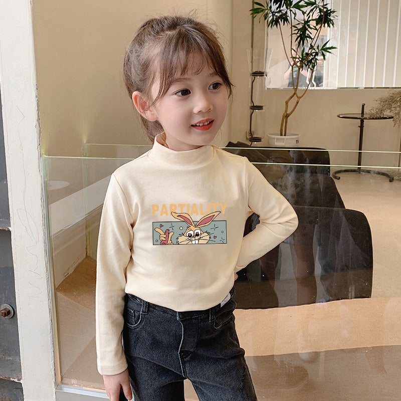 Children'S Semi-High Collar Base Shirt Fleece-Lined Warm Long-Sleeved T-Shirt Men'S And Women'S Big Children'S Fleece Autumn Clothes Inner Top - Image 1