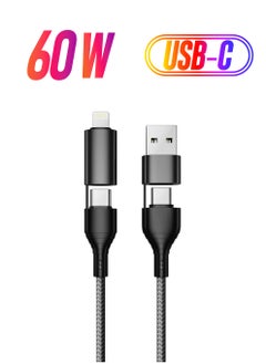 4-in-1 Fast Charging Cable – USB to Lightning, USB to Type-C, Type-C to Lightning 20W, Type-C to Type-C 60W, Nylon Braided for iPhone, Samsung, Huawei & Tablets