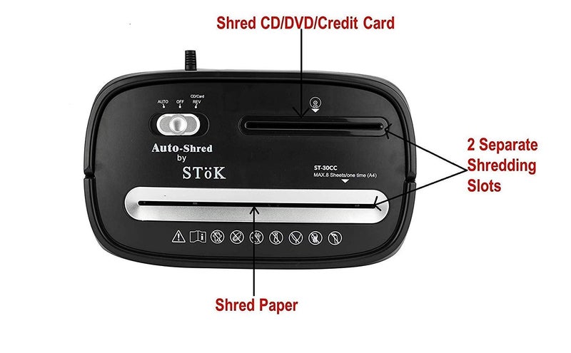 SToK STöK (ST-30CC آلة تمزيق) آلة تمزيق ورق تقطع 8 ورقات | تمزيق أقراص CD/DVD، بطاقات ائتمان، دبابيس مع أمان عالي P4 | سلة كبيرة سعة 15 لتر مع تقنية التمزيق التلقائي - أسود (ضمان خارجي لمدة سنة) - Image 2