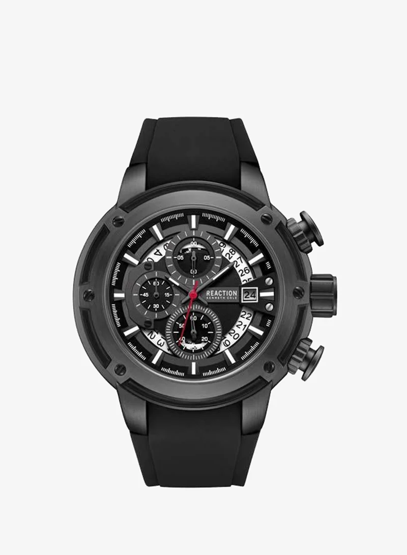 Kenneth Cole Reaction Black Dial Black Silicone Strap Chronograph Watch for Men, 56.2mm