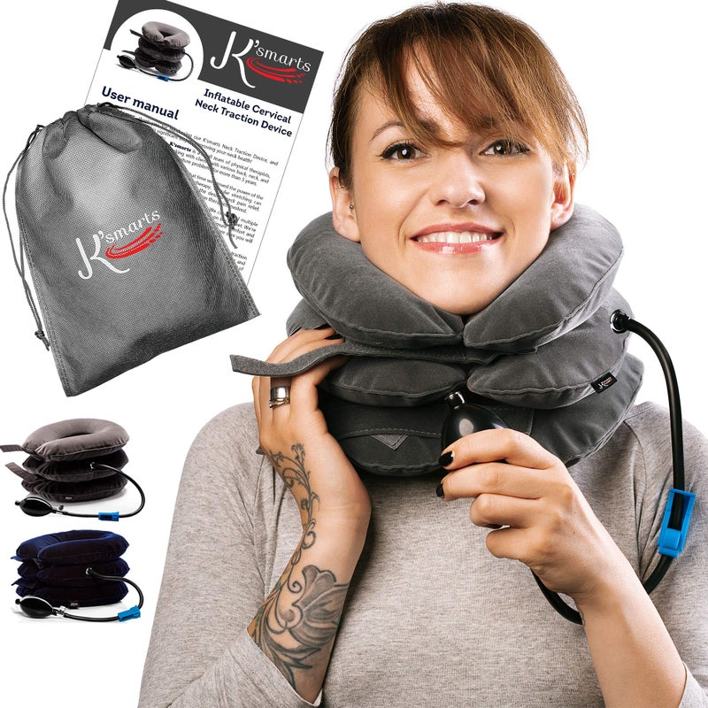 Ksmarts Pinched Nerve Neck Stretcher Cervical Traction Device for Home Pain Treatment Inflatable Spinal Decompression Collar Unit Muscle Strain Injury Relief Herniated Disc Problems Remedy Kit Gray 