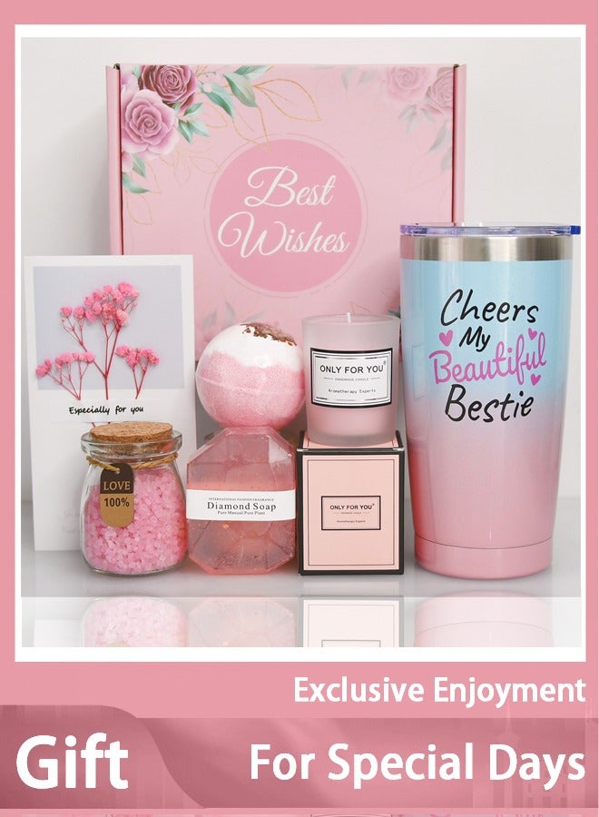 Arabest Gifts Basket for Her,Purple Relaxing Spa Care Package with 20oz Tumbler, Lavender Bath Salts, Diamond Soap + Bath Bomb, Soy Candle in Gift Box - Perfect Mothers Day Valentine Gifts for Women Sister Wife - Image 1