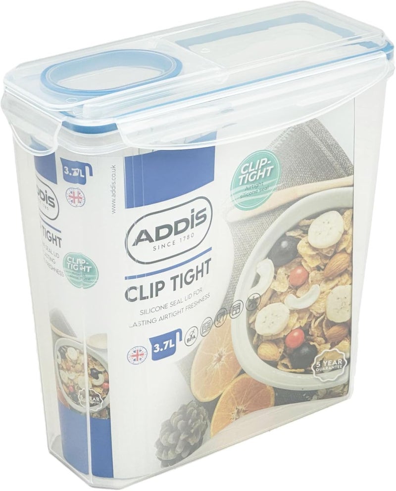 Addis Clip Tight Cereal Food Storage Container 3.7 Litre Tall Rectangle With Easy Pour Lid and Locking Clips, Airtight Bpa Free, Clear Transparent - Image 1