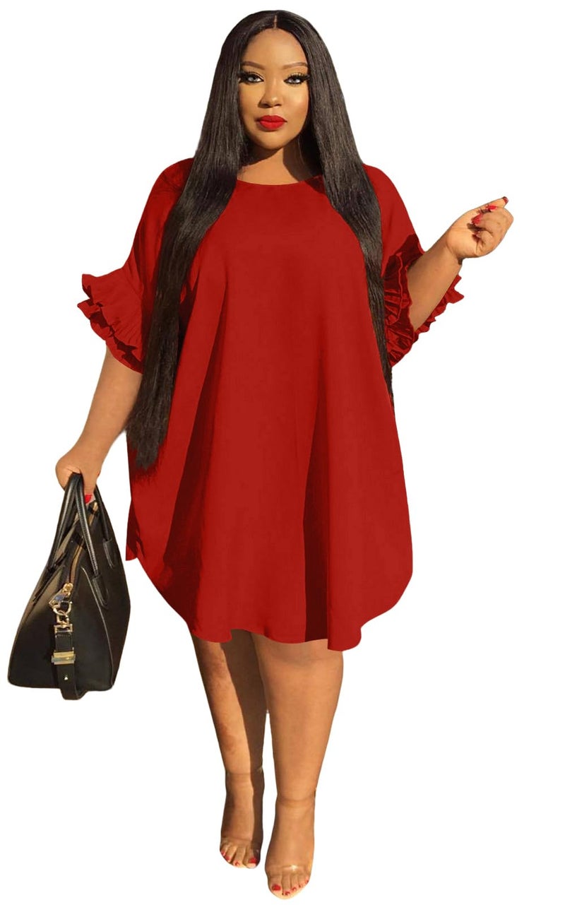 Ekaliy Womenâ€™s Summer Ruffle Sleeve Round Neck Loose Fit Casual Swing Short Mini Dress XXXXXL Red - Image 1