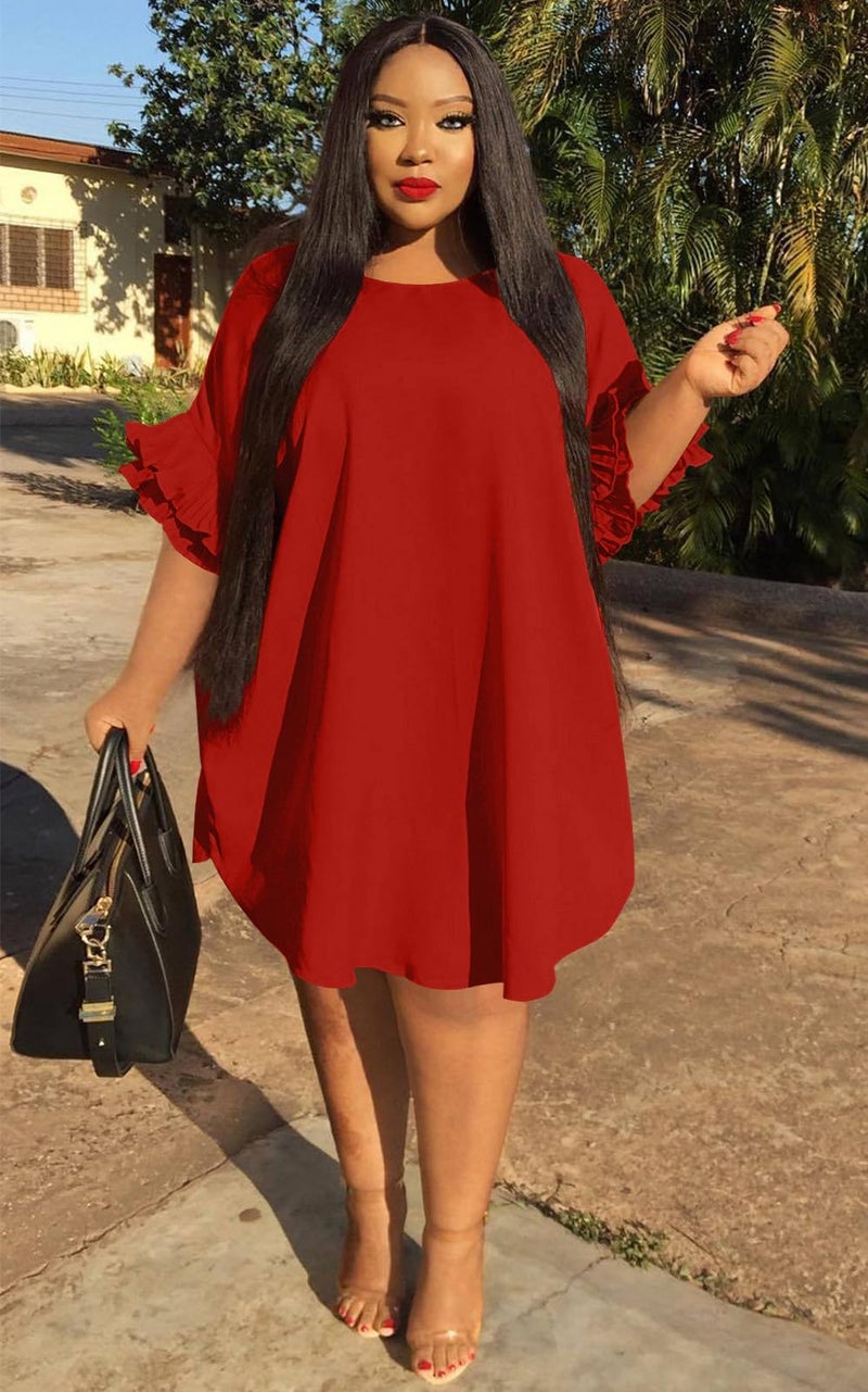 Ekaliy Womenâ€™s Summer Ruffle Sleeve Round Neck Loose Fit Casual Swing Short Mini Dress XXXXXL Red - Image 3