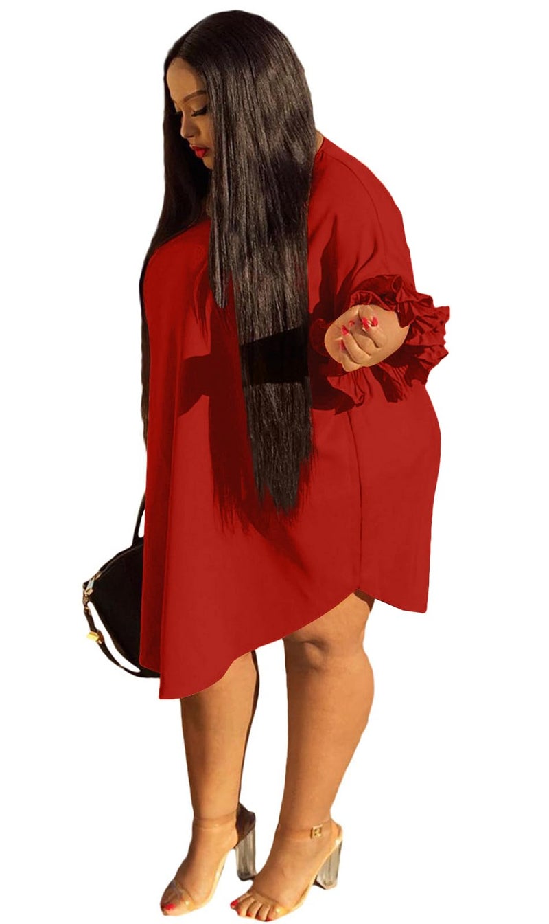 Ekaliy Womenâ€™s Summer Ruffle Sleeve Round Neck Loose Fit Casual Swing Short Mini Dress XXXXXL Red - Image 2
