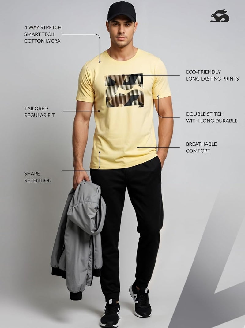 ADRO Men's Regular Fit T-Shirt with Abstract Camo Lines Design - Light Yellow, 180 GSM Cotton Lycra - Image 3