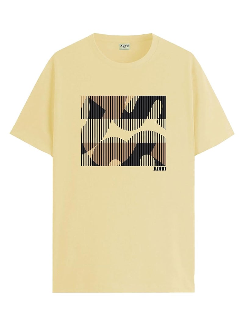 ADRO Men's Regular Fit T-Shirt with Abstract Camo Lines Design - Light Yellow, 180 GSM Cotton Lycra - Image 1